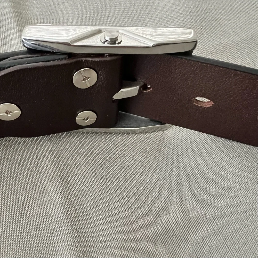 100% Leather Brown Belt with Silver-Tone Buckle 38
